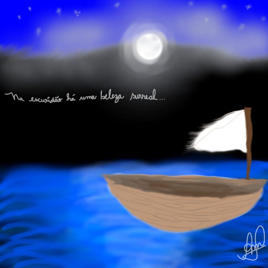 Desenho autoral de um barco ao luar, com uma frase escrita à mão