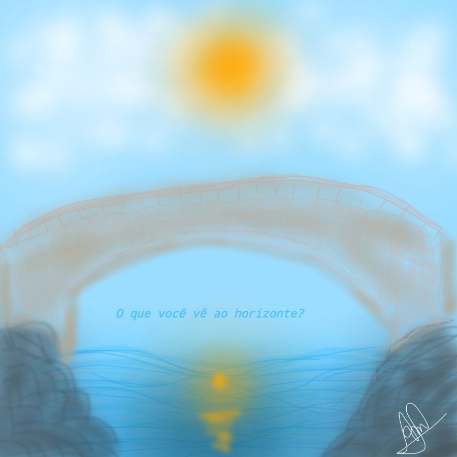 Desenho autoral de uma ponte sobre a água, com a pergunta escrita à mão