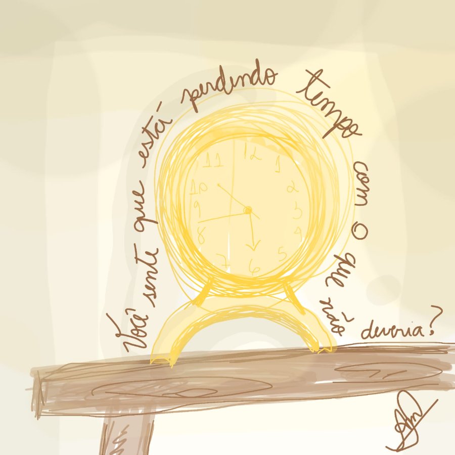 Desenho autoral de um relógio sobre uma mesa, com a pergunta escrita à mão